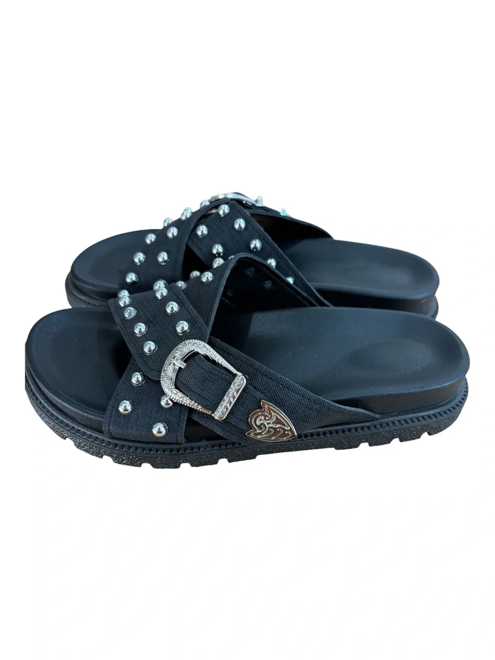Studded platform sandals black silver size 8